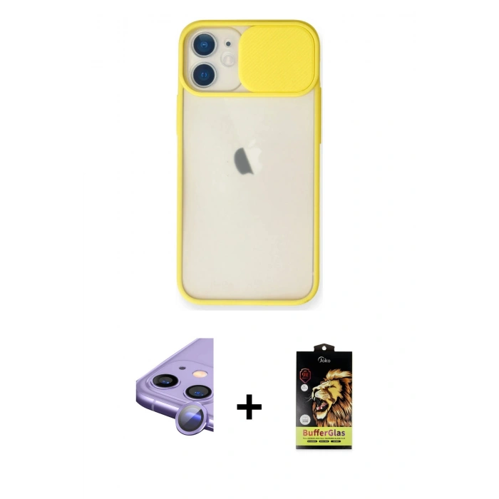 MARSİLYAN™- iPhone 11 Kılıf Vadi Çizgi - Siyah Buffer Cam Ekran Koruyucu + Raze Metal Kamera Lens - MR