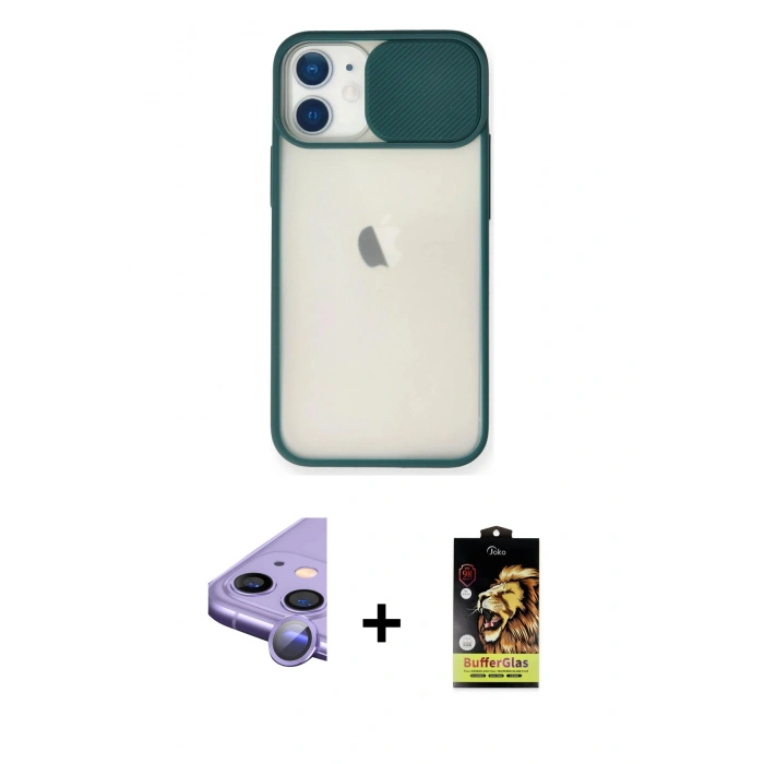 MARSİLYAN™- iPhone 11 Kılıf Vadi Çizgi - Siyah Buffer Cam Ekran Koruyucu + Raze Metal Kamera Lens - MR