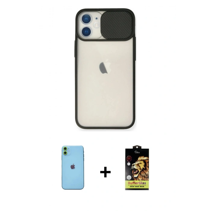 MARSİLYAN™- iPhone 11 Kılıf Vadi Çizgi - Siyah Buffer Cam Ekran Koruyucu + Neon Fosforlu Kamera Lens - YL