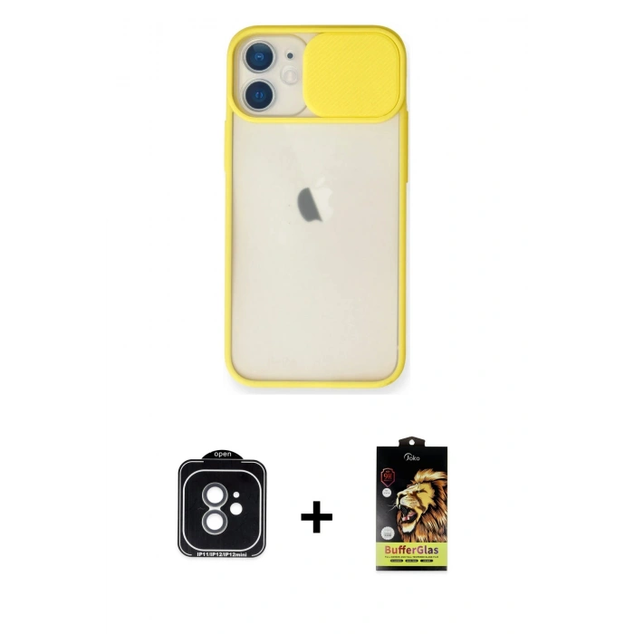 MARSİLYAN™- iPhone 11 Kılıf Vadi Çizgi - Siyah Buffer Cam Ekran Koruyucu + PVD Metal Kamera Lens - YL
