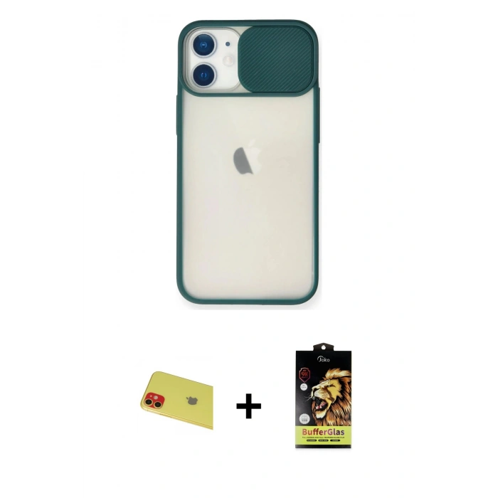 MARSİLYAN™- iPhone 11 Kılıf Vadi Çizgi - Siyah Buffer Cam Ekran Koruyucu + Rainbow Kamera Lens Koruma Cam - KI