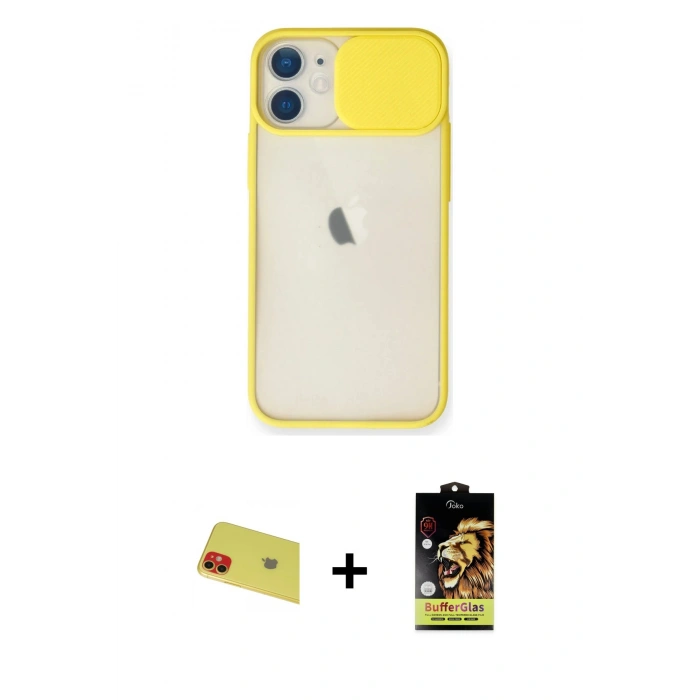 MARSİLYAN™- iPhone 11 Kılıf Vadi Çizgi - Siyah Buffer Cam Ekran Koruyucu + Rainbow Kamera Lens Koruma Cam - KI