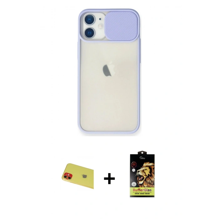 MARSİLYAN™- iPhone 11 Kılıf Vadi Çizgi - Siyah Buffer Cam Ekran Koruyucu + Rainbow Kamera Lens Koruma Cam - KI