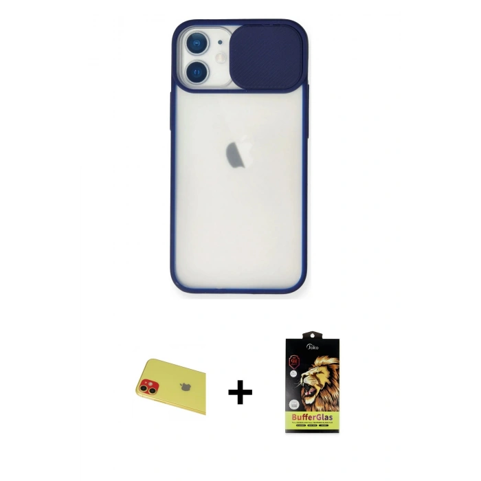 MARSİLYAN™- iPhone 11 Kılıf Vadi Çizgi - Siyah Buffer Cam Ekran Koruyucu + Rainbow Kamera Lens Koruma Cam - KI