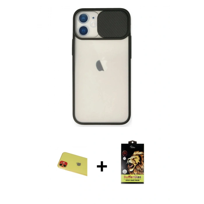 MARSİLYAN™- iPhone 11 Kılıf Vadi Çizgi - Siyah Buffer Cam Ekran Koruyucu + Rainbow Kamera Lens Koruma Cam - KI