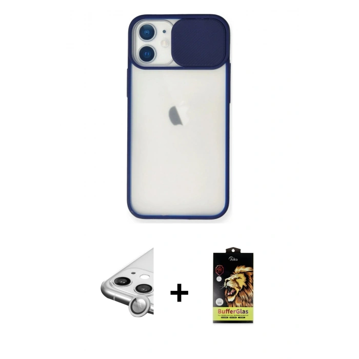 MARSİLYAN™- iPhone 11 Kılıf Vadi Çizgi - Siyah Buffer Cam Ekran Koruyucu + Raze Metal Kamera Lens - GS