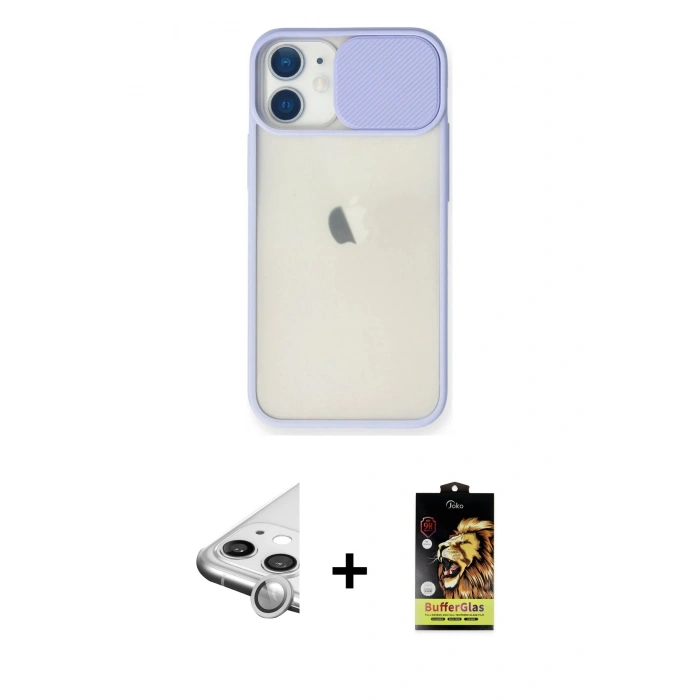 MARSİLYAN™- iPhone 11 Kılıf Vadi Çizgi - Siyah Buffer Cam Ekran Koruyucu + Raze Metal Kamera Lens - GS