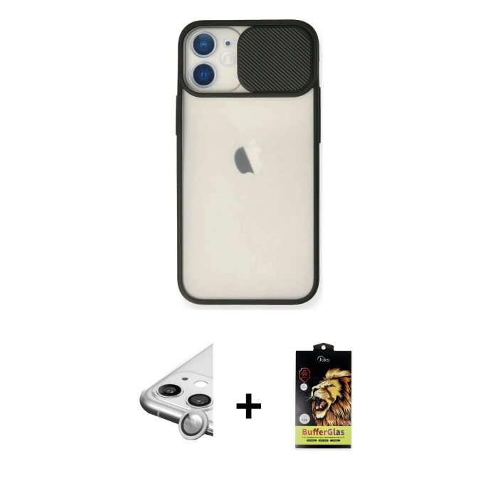 MARSİLYAN™- iPhone 11 Kılıf Vadi Çizgi - Siyah Buffer Cam Ekran Koruyucu + Raze Metal Kamera Lens - GS