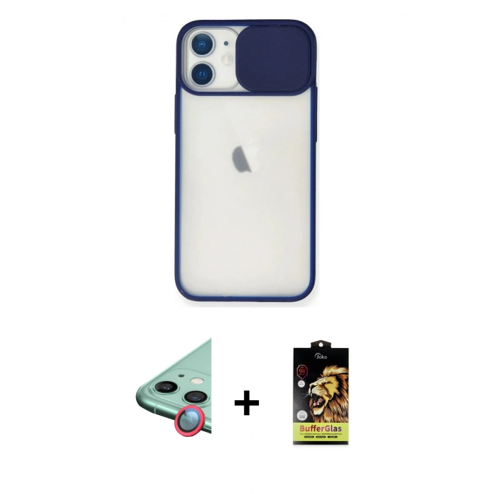 MARSİLYAN™- iPhone 11 Kılıf Vadi Çizgi - Siyah Buffer Cam Ekran Koruyucu + Raze Metal Kamera Lens - KI