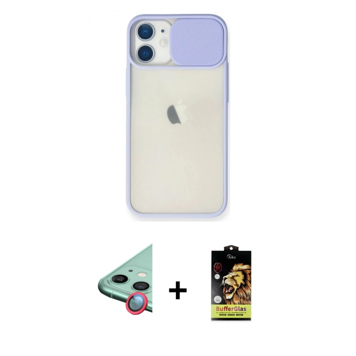 MARSİLYAN™- iPhone 11 Kılıf Vadi Çizgi - Siyah Buffer Cam Ekran Koruyucu + Raze Metal Kamera Lens - KI