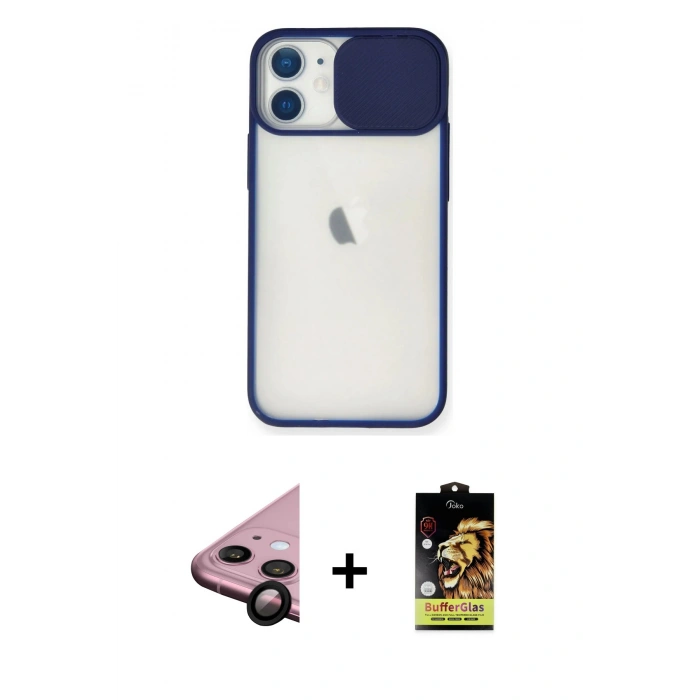 MARSİLYAN™- iPhone 11 Kılıf Vadi Çizgi - Siyah Buffer Cam Ekran Koruyucu + Siyah Raze Metal Kamera Lens