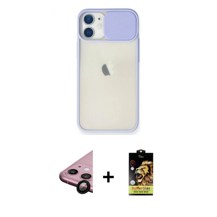 MARSİLYAN™- iPhone 11 Kılıf Vadi Çizgi - Siyah Buffer Cam Ekran Koruyucu + Siyah Raze Metal Kamera Lens