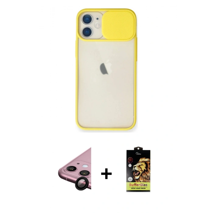 MARSİLYAN™- iPhone 11 Kılıf Vadi Çizgi - Siyah Buffer Cam Ekran Koruyucu + Siyah Raze Metal Kamera Lens