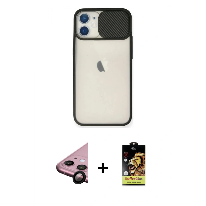 MARSİLYAN™- iPhone 11 Kılıf Vadi Çizgi - Siyah Buffer Cam Ekran Koruyucu + Siyah Raze Metal Kamera Lens