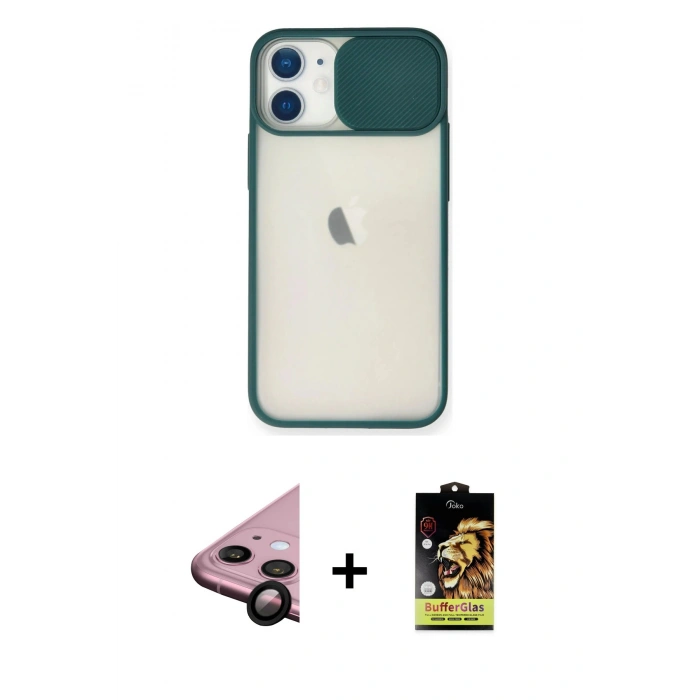 MARSİLYAN™- iPhone 11 Kılıf Vadi Çizgi - Siyah Buffer Cam Ekran Koruyucu + Siyah Raze Metal Kamera Lens