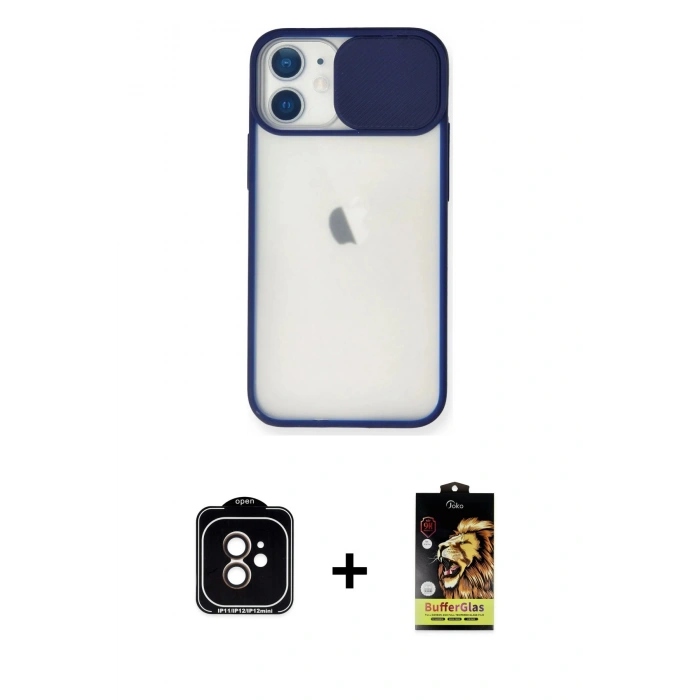 MARSİLYAN™- iPhone 11 Kılıf Vadi Çizgi - Siyah Buffer Cam Ekran Koruyucu + Turuncu PVD Metal Kamera Lens