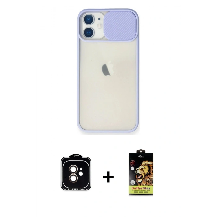 MARSİLYAN™- iPhone 11 Kılıf Vadi Çizgi - Siyah Buffer Cam Ekran Koruyucu + Turuncu PVD Metal Kamera Lens