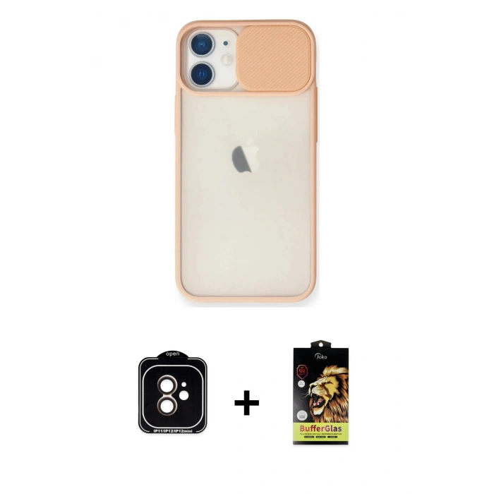 MARSİLYAN™- iPhone 11 Kılıf Vadi Çizgi - Siyah Buffer Cam Ekran Koruyucu + Turuncu PVD Metal Kamera Lens