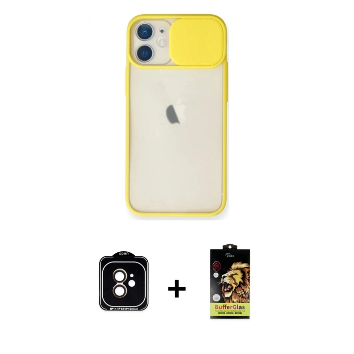 MARSİLYAN™- iPhone 11 Kılıf Vadi Çizgi - Siyah Buffer Cam Ekran Koruyucu + Turuncu PVD Metal Kamera Lens