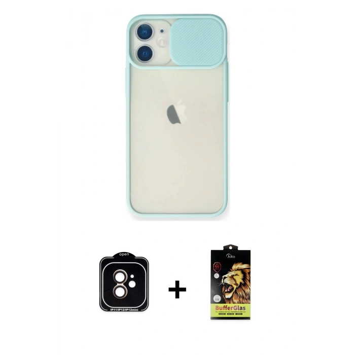 MARSİLYAN™- iPhone 11 Kılıf Vadi Çizgi - Siyah Buffer Cam Ekran Koruyucu + Turuncu PVD Metal Kamera Lens