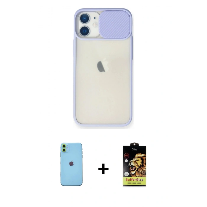 MARSİLYAN™- iPhone 11 Kılıf Vadi Çizgi - Siyah Buffer Cam Ekran Koruyucu + Neon Fosforlu Kamera Lens - YL