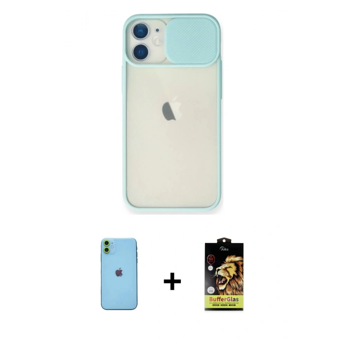 MARSİLYAN™- iPhone 11 Kılıf Vadi Çizgi - Siyah Buffer Cam Ekran Koruyucu + Neon Fosforlu Kamera Lens - YL
