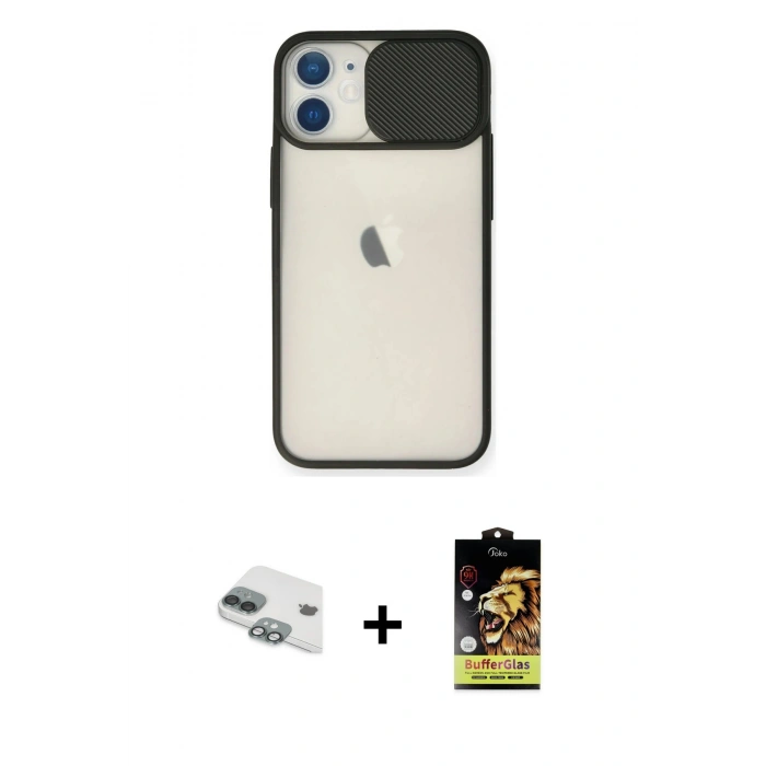 MARSİLYAN™- iPhone 11 Kılıf Vadi Çizgi - Siyah Buffer Cam Ekran Koruyucu + Pers Alüminyum Kamera Lens - YL