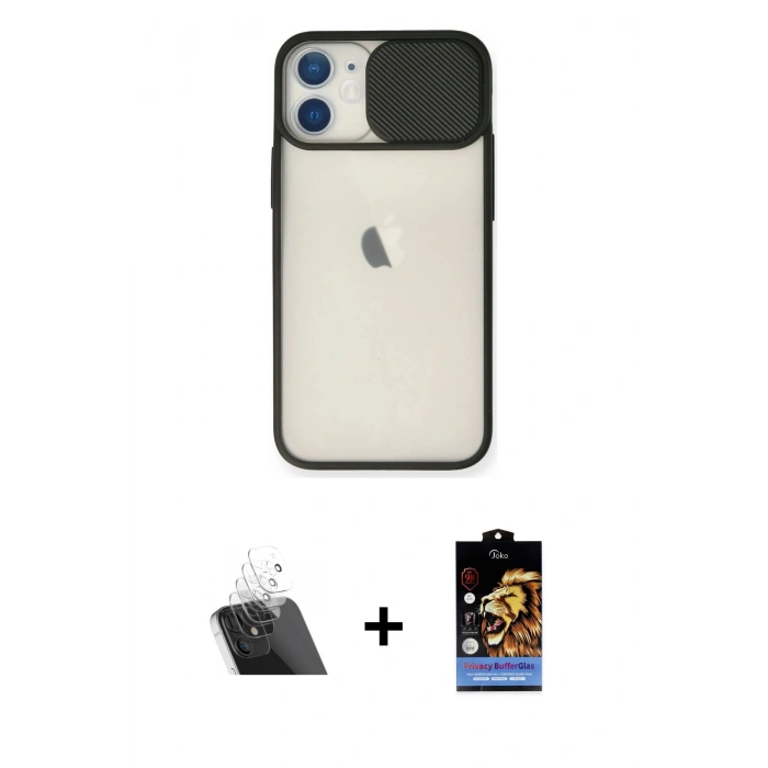 MARSİLYAN™- iPhone 11 Kılıf Vadi Çizgi - Siyah Buffer Hayalet Cam Ekran Koruyucu + Kamera Lens Koruma Cam - SF