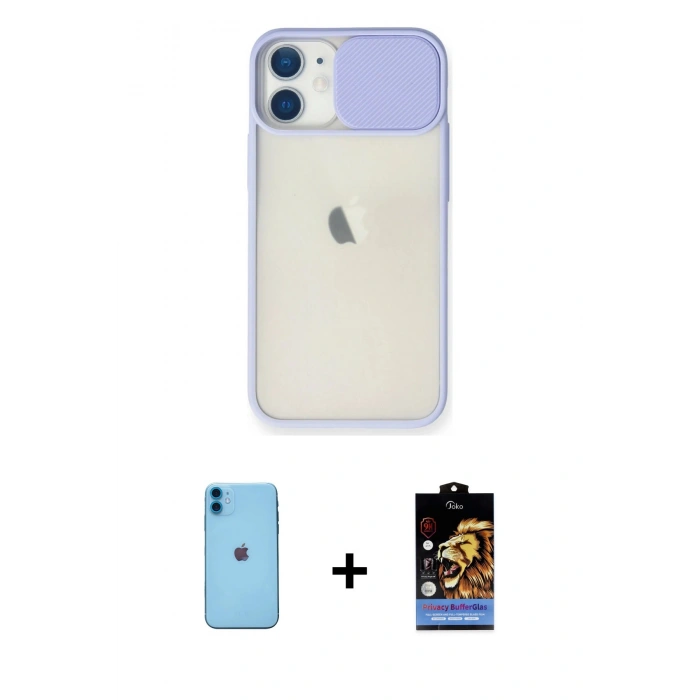 MARSİLYAN™- iPhone 11 Kılıf Vadi Çizgi - Siyah Buffer Hayalet Cam Ekran Koruyucu + Mavi Neon Fosforlu Kamera Lens