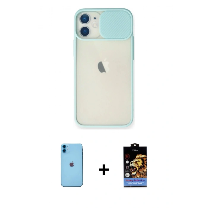 MARSİLYAN™- iPhone 11 Kılıf Vadi Çizgi - Siyah Buffer Hayalet Cam Ekran Koruyucu + Mavi Neon Fosforlu Kamera Lens