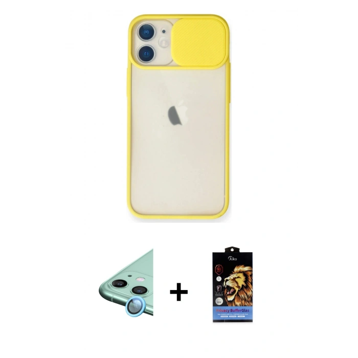 MARSİLYAN™- iPhone 11 Kılıf Vadi Çizgi - Siyah Buffer Hayalet Cam Ekran Koruyucu + Raze Metal Kamera Lens - MI