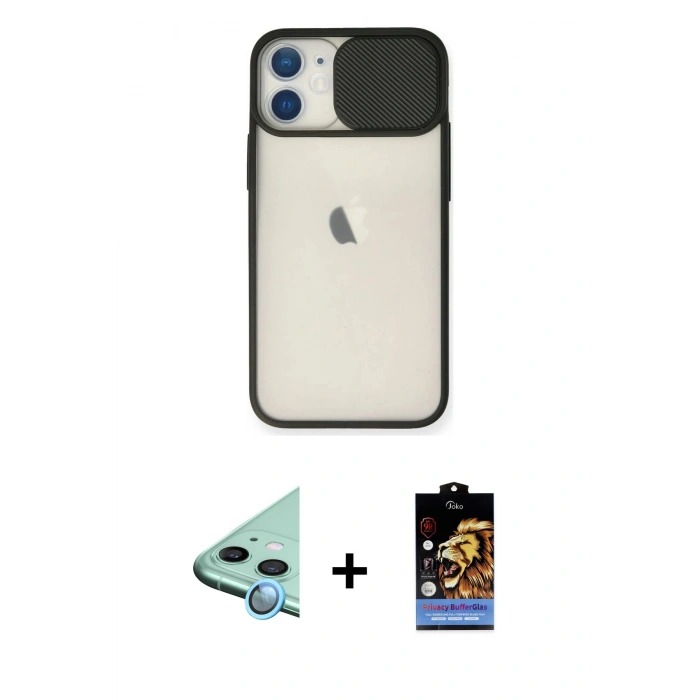 MARSİLYAN™- iPhone 11 Kılıf Vadi Çizgi - Siyah Buffer Hayalet Cam Ekran Koruyucu + Raze Metal Kamera Lens - MI