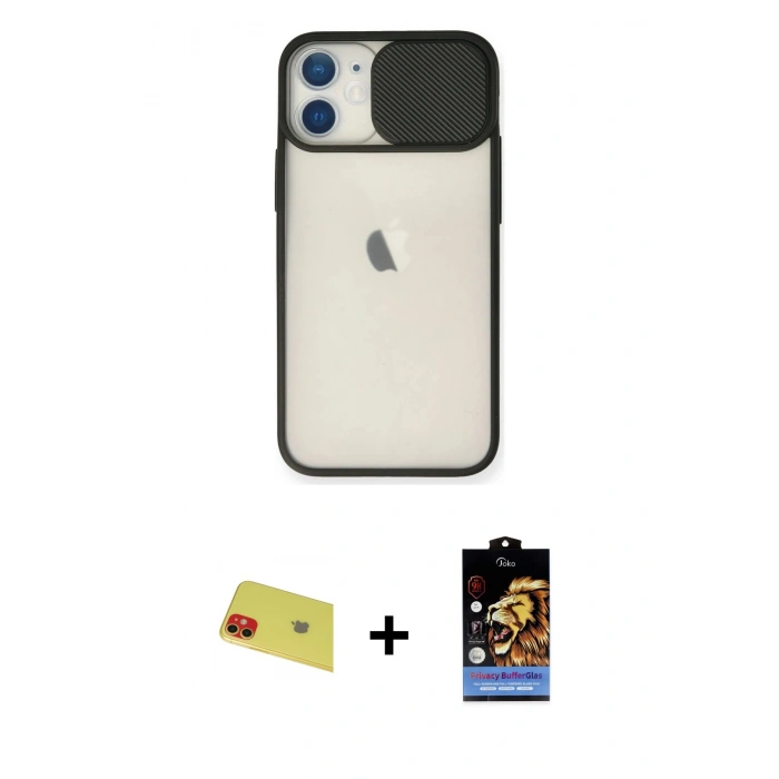 MARSİLYAN™- iPhone 11 Kılıf Vadi Çizgi - Siyah Buffer Hayalet Cam Ekran Koruyucu + Rainbow Kamera Lens Koruma Cam - KI