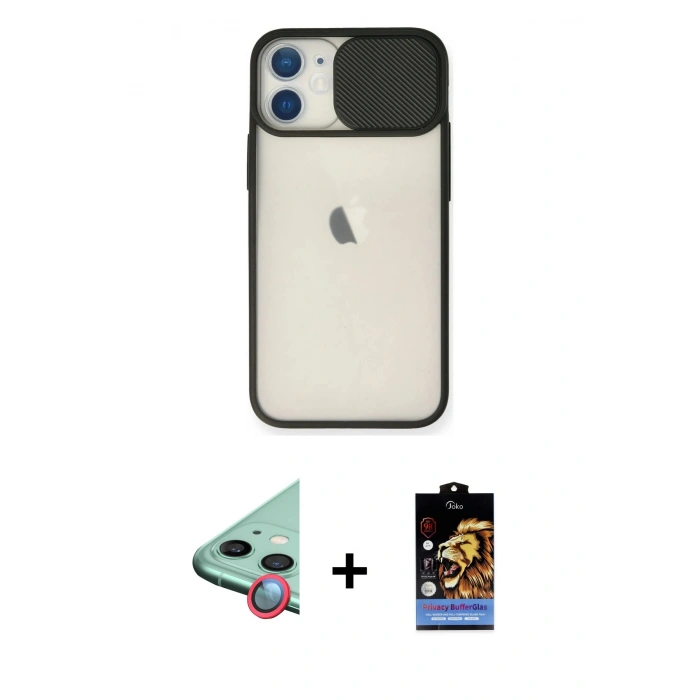 MARSİLYAN™- iPhone 11 Kılıf Vadi Çizgi - Siyah Buffer Hayalet Cam Ekran Koruyucu + Raze Metal Kamera Lens - KI
