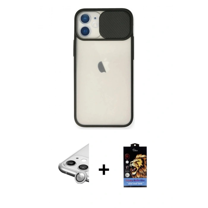 MARSİLYAN™- iPhone 11 Kılıf Vadi Çizgi - Siyah Buffer Hayalet Cam Ekran Koruyucu + Raze Metal Kamera Lens - GS