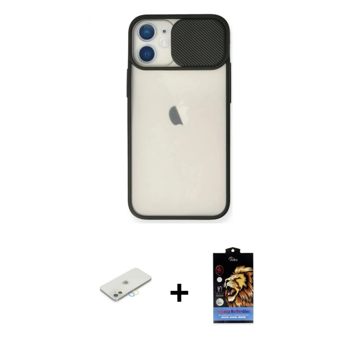 MARSİLYAN™- iPhone 11 Kılıf Vadi Çizgi - Siyah Buffer Hayalet Cam Ekran Koruyucu + Renkli Kamera Lens Koruma Cam - SI