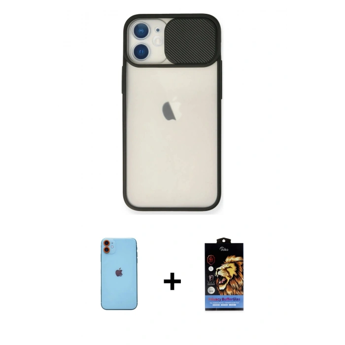 MARSİLYAN™- iPhone 11 Kılıf Vadi Çizgi - Siyah Buffer Hayalet Cam Ekran Koruyucu + Turuncu Neon Fosforlu Kamera Lens