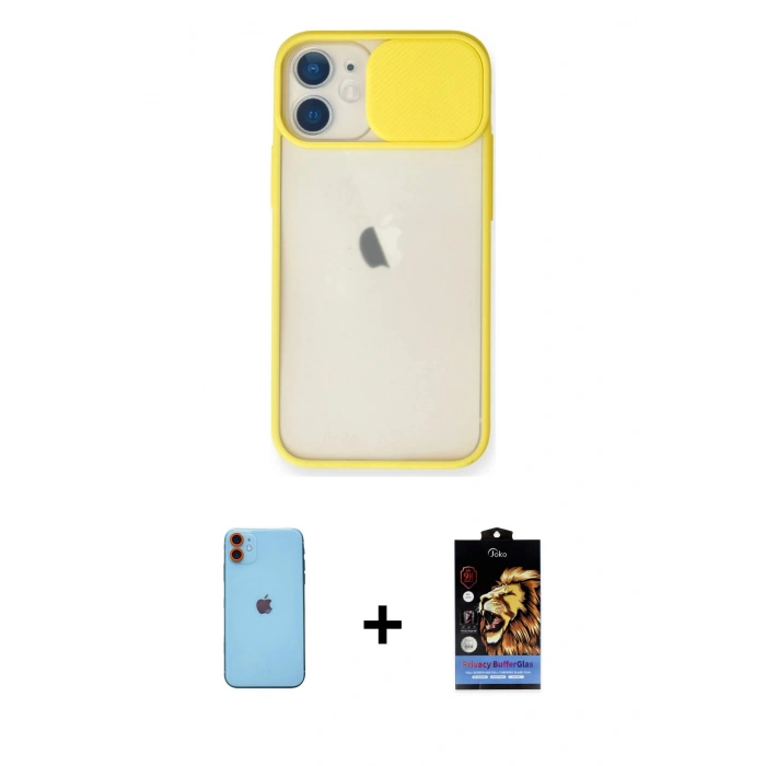 MARSİLYAN™- iPhone 11 Kılıf Vadi Çizgi - Siyah Buffer Hayalet Cam Ekran Koruyucu + Turuncu Neon Fosforlu Kamera Lens