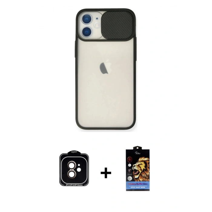 MARSİLYAN™- iPhone 11 Kılıf Vadi Çizgi - Siyah Buffer Hayalet Cam Ekran Koruyucu + PVD Metal Kamera Lens - TU