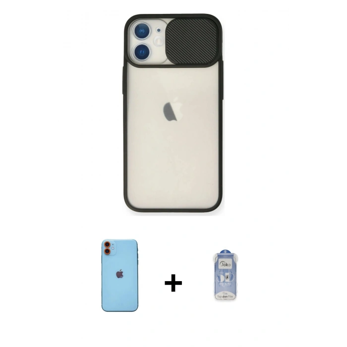MARSİLYAN™- iPhone 11 Kılıf Vadi Çizgi - Siyah Joko Magic 5D Cam + Neon Fosforlu Kamera Lens - TU
