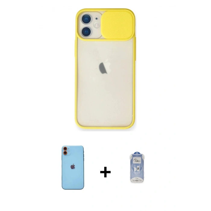 MARSİLYAN™- iPhone 11 Kılıf Vadi Çizgi - Siyah Joko Magic 5D Cam + Turuncu Neon Fosforlu Kamera Lens