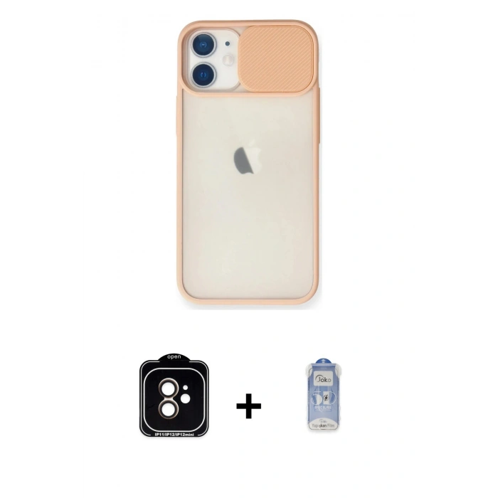 MARSİLYAN™- iPhone 11 Kılıf Vadi Çizgi - Siyah Joko Magic 5D Cam + Turuncu PVD Metal Kamera Lens