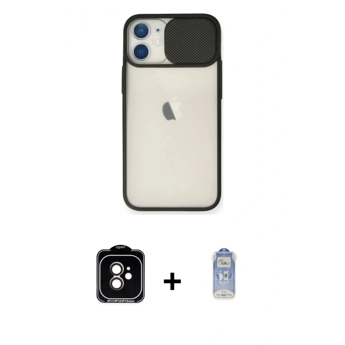 MARSİLYAN™- iPhone 11 Kılıf Vadi Çizgi - Siyah Joko Magic 5D Cam + Turuncu PVD Metal Kamera Lens
