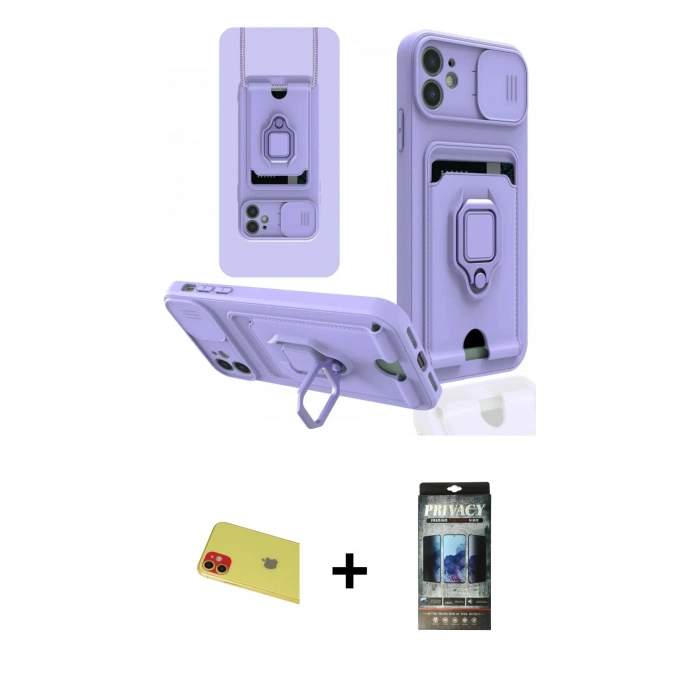 MARSİLYAN™- iPhone 11 Kılıf Vadi Form Prime - Siyah 34D Hayalet Izgaralı Cam + Rainbow Kamera Lens Koruma Cam - KI
