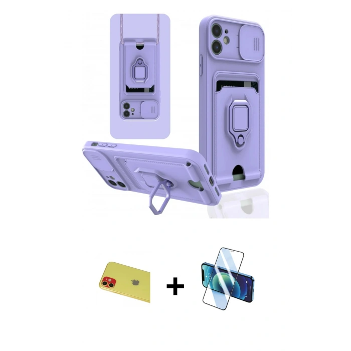 MARSİLYAN™- iPhone 11 Kılıf Vadi Form Prime - Siyah 3D Antistatik Cam Ekran Koruyucu + Kırmızı Rainbow Kamera Lens Koruma Cam