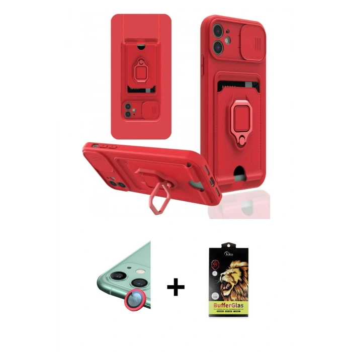 MARSİLYAN™- iPhone 11 Kılıf Vadi Form Prime - Siyah Buffer Cam Ekran Koruyucu + Kırmızı Raze Metal Kamera Lens