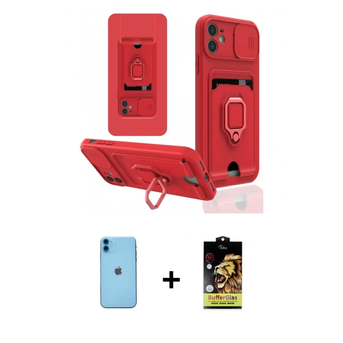 MARSİLYAN™- iPhone 11 Kılıf Vadi Form Prime - Siyah Buffer Cam Ekran Koruyucu + Mavi Neon Fosforlu Kamera Lens