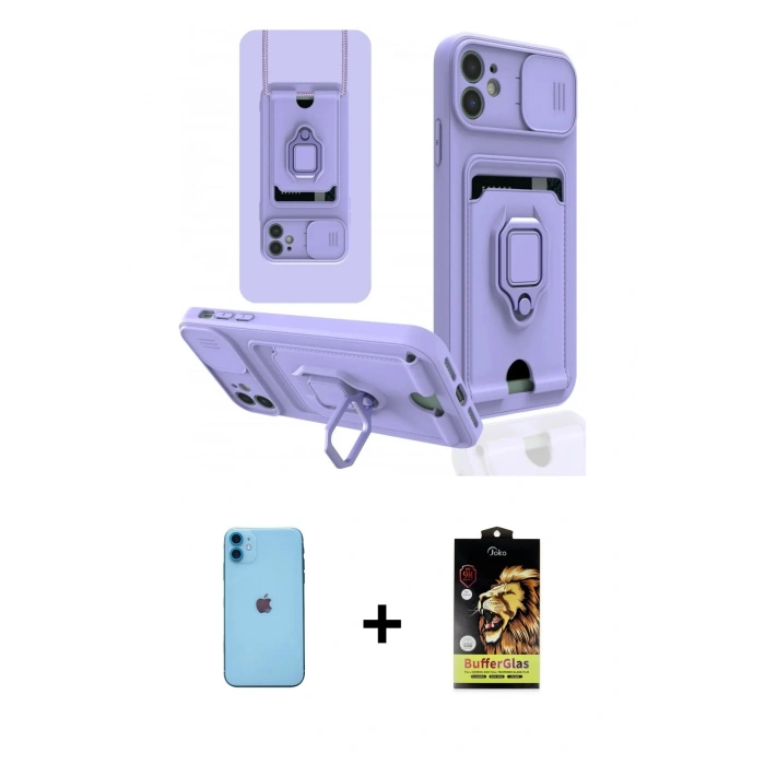 MARSİLYAN™- iPhone 11 Kılıf Vadi Form Prime - Siyah Buffer Cam Ekran Koruyucu + Mavi Neon Fosforlu Kamera Lens