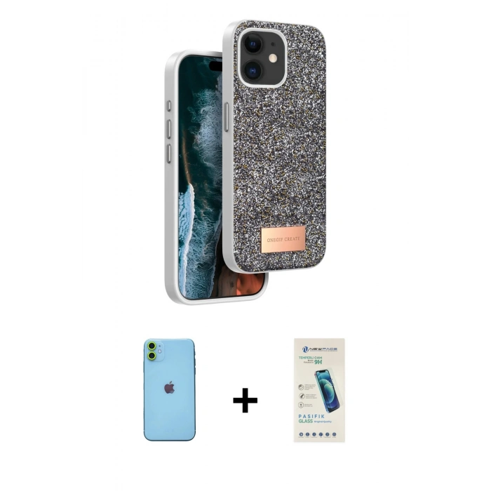 MARSİLYAN™- iPhone 11 Kılıf Vadi Klasik Serisi - Şeffaf Pasifik Cam Ekran Koruyucu + Neon Fosforlu Kamera Lens - YL