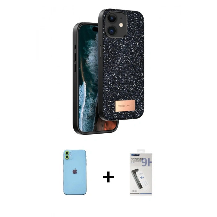 MARSİLYAN™- iPhone 11 Kılıf Vadi Klasik Serisi - Şeffaf Uv Polymer Nano Ekran Koruyucu + Neon Fosforlu Kamera Lens - YL